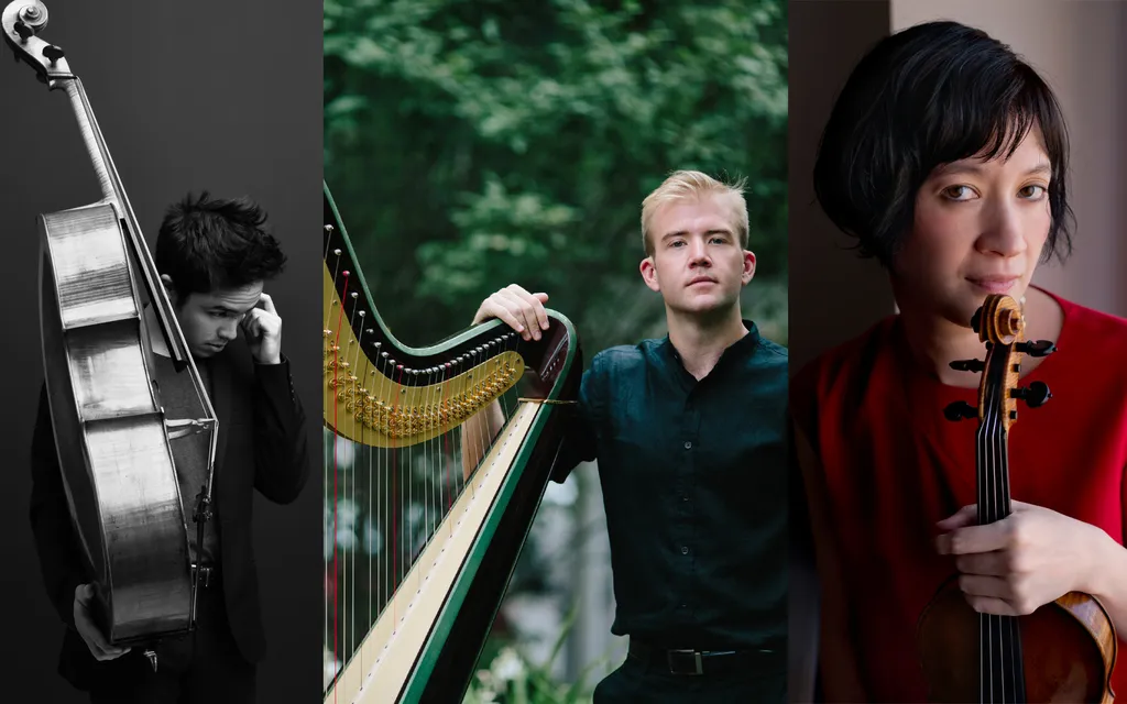 Parker Ramsay (harp), Miranda Cuckson (violin), and Jay Campbell (cello)