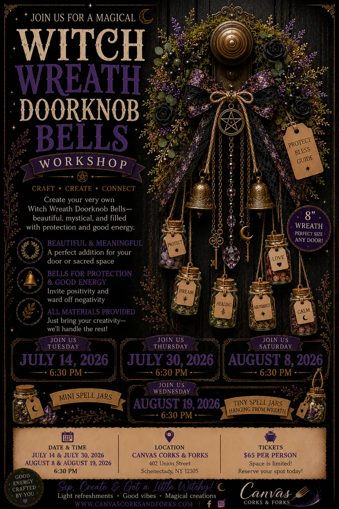 Witch Wreath Door Knob Bells! Bring your best intentions & vibes! Midnight Margarita Cocktail Specials!FREE Mac N’ Cheese Bar!Just $65!
