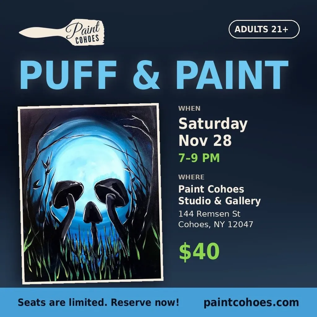 *ADULTS 21+ Puff & Paint* Shroom Skull Paint Class Saturday November 28th 7pm–9pm