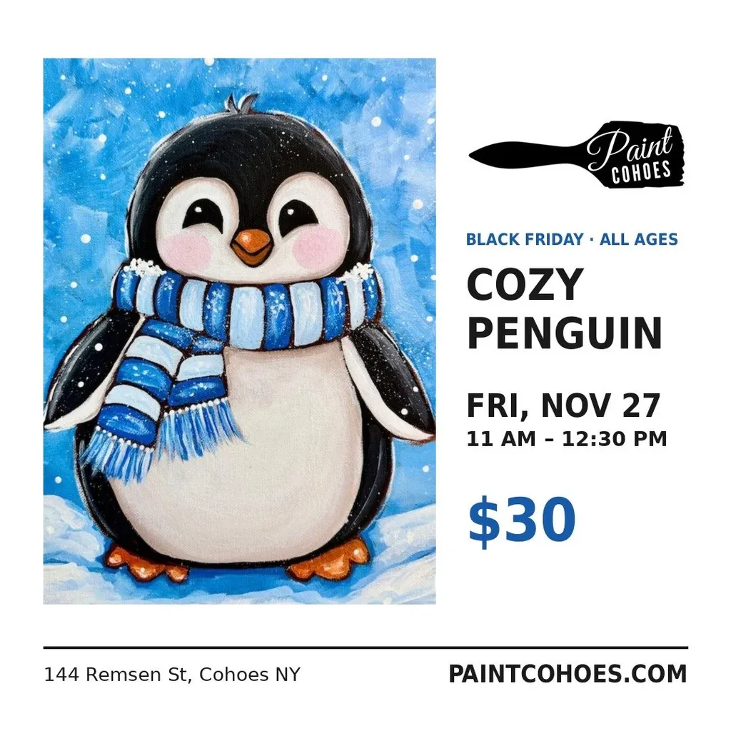 *PUBLIC ALL AGES CLASS* Black Friday Cozy Penguin Paint Class Friday November 27th 11am–12:30pm