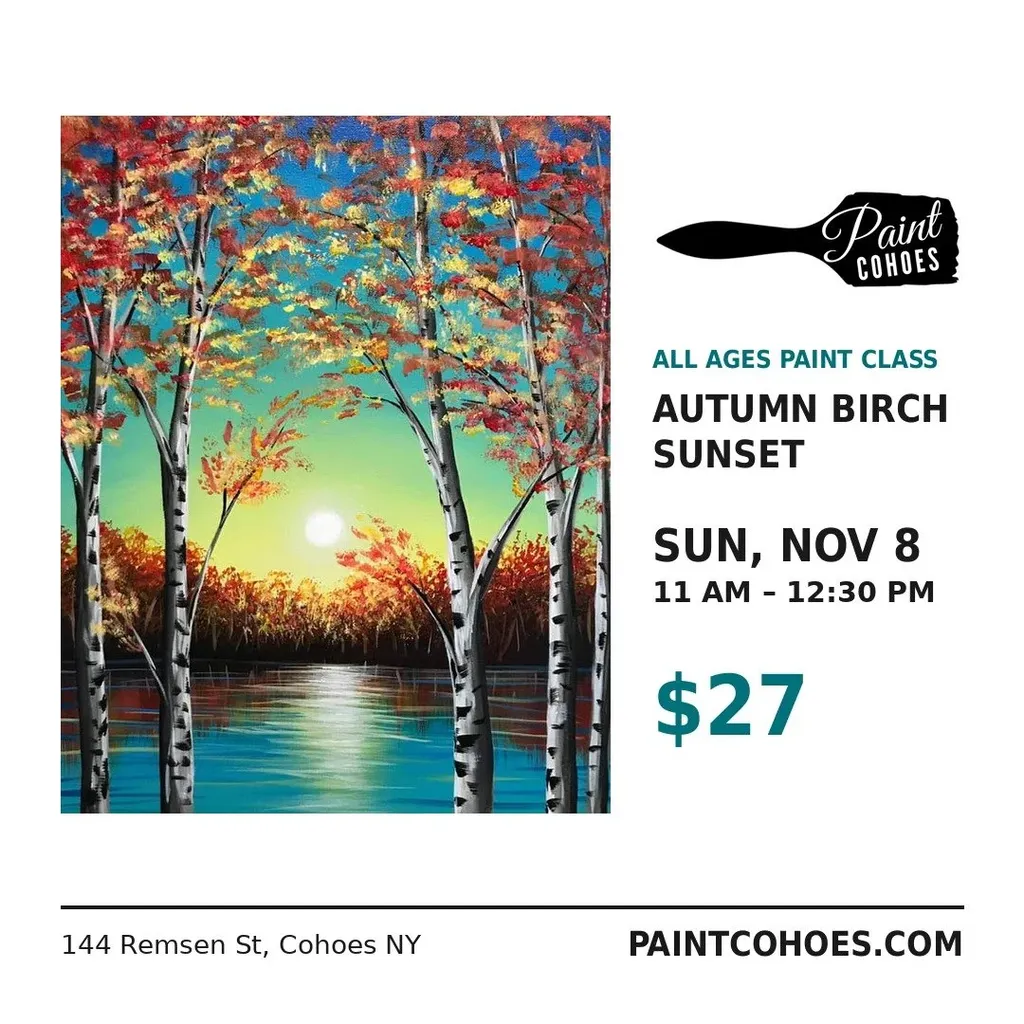 *PUBLIC ALL AGES CLASS* Autumn Birch Sunset Paint Class Sunday November 8th 11am–12:30pm
